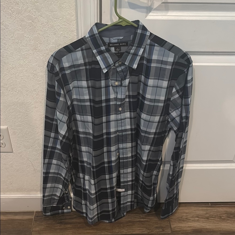 Michael Kors Men's Navy and Light Blue Plaid Shirt